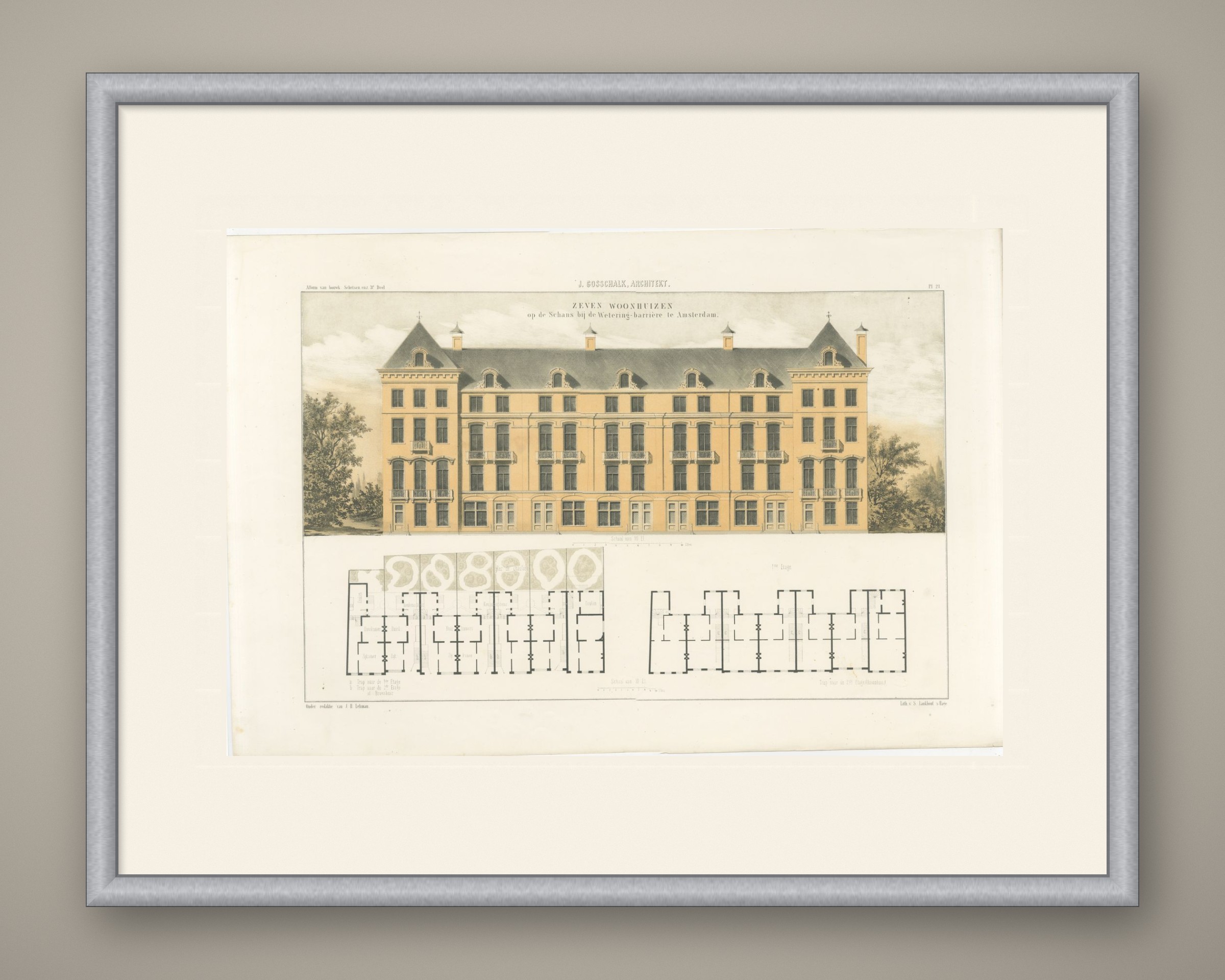 Terrace of Seven Houses, Amsterdam, Dutch Architecture Print, Leliman, 1865-1866, shown framed