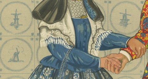 Elegant Dutch Couple in Festive Bergen-Binnen Costume, Early 1800s Print, close-up 1