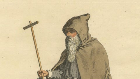 Mendicant Religious Costume Engraving, Pilgrim Monk, 1588 - Published in 1749, close-up 2