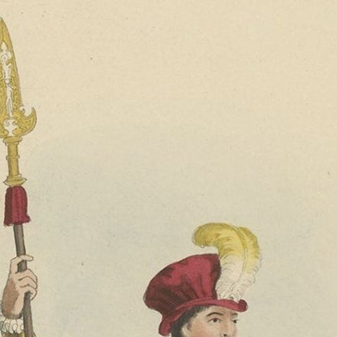 Nicely Hand-colored Antique Print of Embossed Armor, 1842, close-up 2