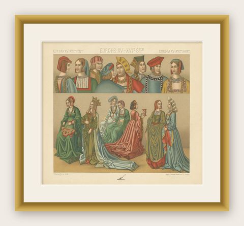 Pl. 43 Antique Print of European 15th-16th Century Costumes, Racinet, circa 1880, shown framed