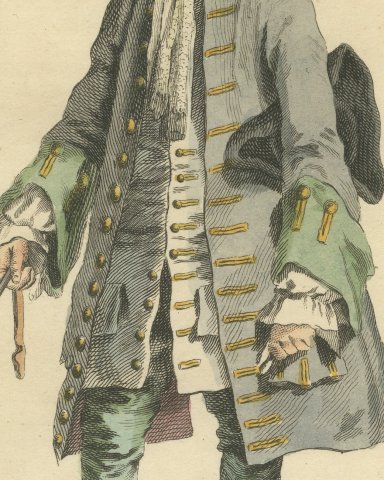 English Gentleman about 1700, Periwig, Cane and Tricorn, Jefferys Print, 1757, close-up 2