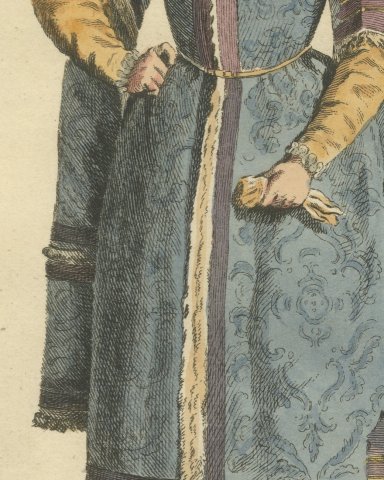 Wealthy Merchant of London in 1588, Fur Trimmed Gown, Jefferys Print, 1757, close-up 2