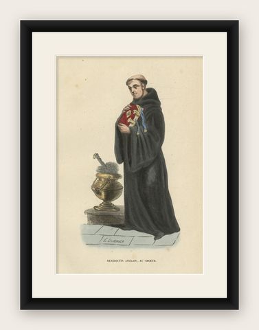 Antique Hand-colored Print of an English Benedictine in Choir Dress, 1845, shown framed