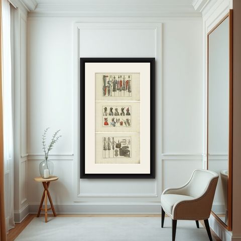 Set of 3 Antique Prints of Turkish Costumes & Utensils in the Middle Ages, 1810, shown framed in a room