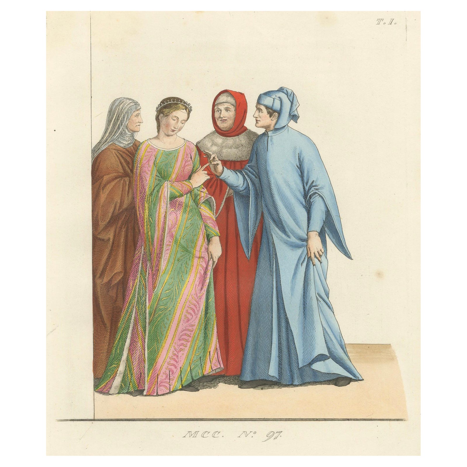 Medieval Italian Courtship c.1300s, Nobles in Historic Dress, Print 1845