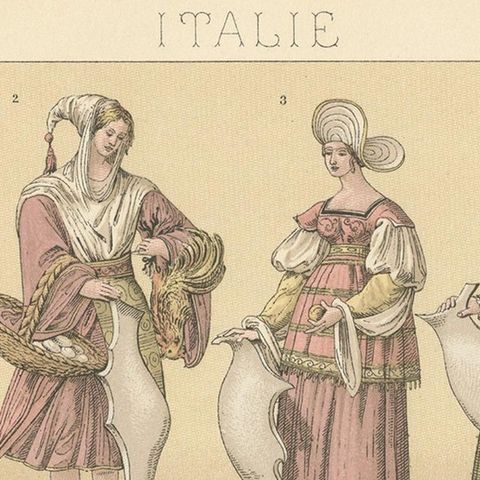 Pl. 169 Antique Print of Italian Women's Costumes by Racinet, 'circa 1880', close-up 1