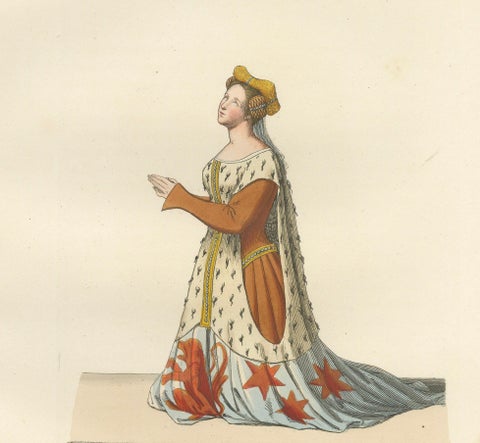 Heraldic Costumes c.1400, Antique 1845 Prints of Knight and Lady, Hand-Coloured, close-up 3