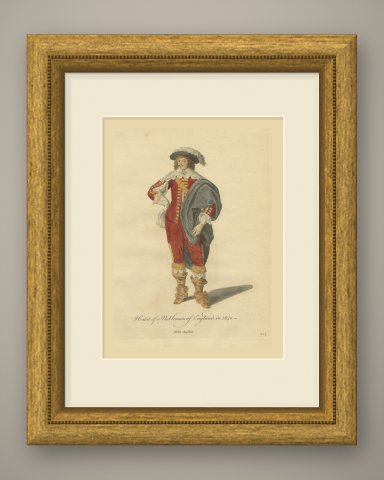English Nobleman in 1640, Cavalier Dress with Plumed Hat, Jefferys Print, 1757, shown framed