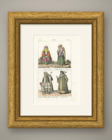 A Woman of the Mani, Costume of Patras and Hydra, a Greek Bishop, 1842, shown framed