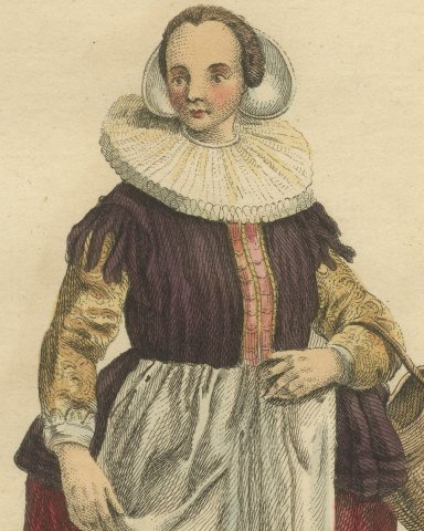 Merchant's Wife in Holland in 1640 with a Basket, Jefferys Costume Plate, 1757, close-up 1