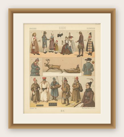 Pl. 126 Antique Print of Swedish Costumes of Racinet, 'circa 1880', shown framed