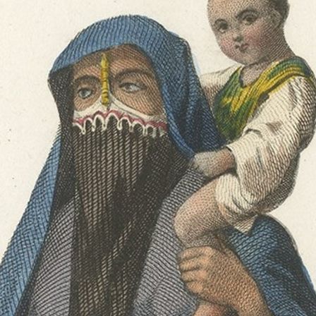 Antique Costume Print of a Woman with Child, from Egypt, 1850, close-up 1