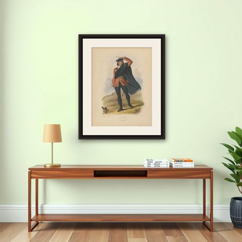Antique Costume Print 'Colquhon' Scotland by L. Dickenson, circa 1847, shown framed on a wall