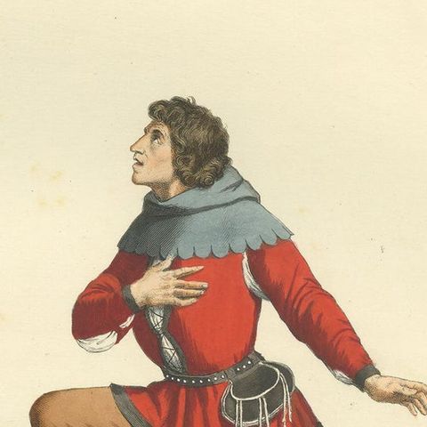 Antique Print of a Travel Costume, 15th Century, by Bonnard, 1860, close-up 2