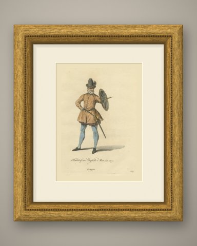 Habit of an English Man in 1577, Sword and Buckler, Jefferys Plate, 1757, shown framed
