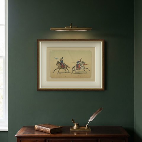 Spanish Lancers at the Charge, Villegas, Hand Colored Lithograph, 1861, shown framed on a wall