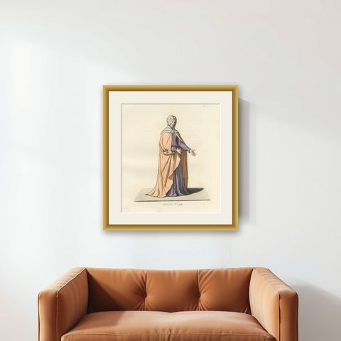 Medieval Costume Print 1845, Noblewoman in Peach and Lavender Robes, shown framed on a wall
