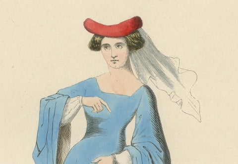Noble Damsel of the Middle Ages in Traditional Blue Gown and Headdress, 1847, close-up 2