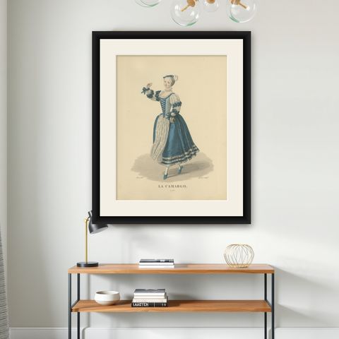 La Camargo, Hand-Colored Engraving of Famous Parisian Dancer, c.1900, shown framed on a wall