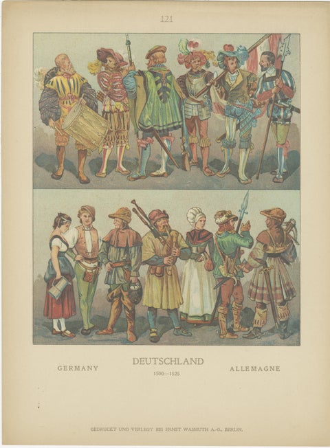 German Renaissance & Landsknecht Costumes 1500s, Set of 6 Antique Prints, 1880, view 2