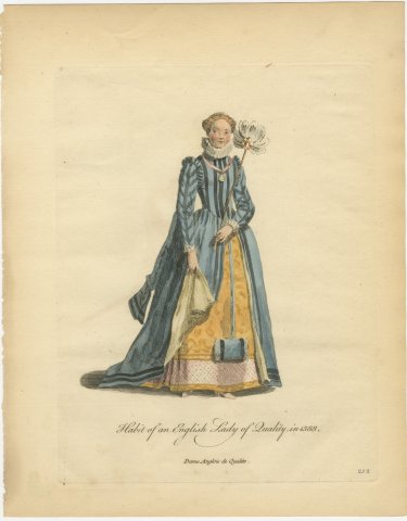 English Lady of Quality in 1588 with Feather Fan, Jefferys Costume Print, 1757, view 2