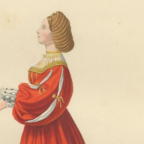 Antique Print of a Milanese Noblewoman 15th Century, by Bonnard, 1860, close-up 2