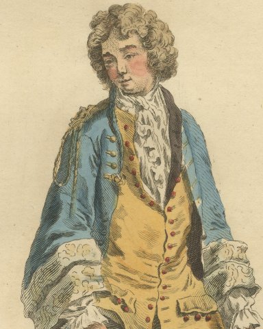 French Man of Quality in 1700 in a Blue Coat, Jefferys Costume Plate, 1757, close-up 1