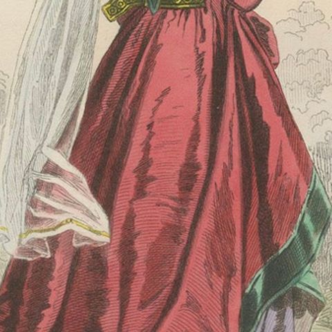 Antique French Costume Print of a Noble Lady in Medieval Attire, 19th Century, close-up 6