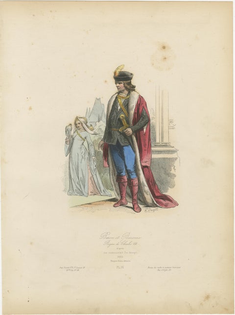 Antique French Costume Print of a Baron and Baroness in Medieval Attire, ca.1860, view 2