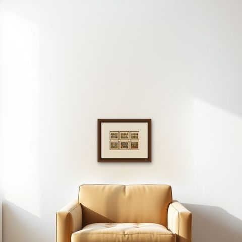 Set of 6 Persian Costume & Interior Chromolithographs by Racinet, 1888, shown framed on a wall