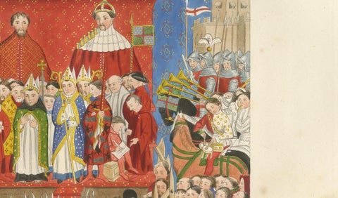 Medieval Coronation Ceremony, Hand-Colored Costume Plate by Paul Mercuri, 1845, close-up 4