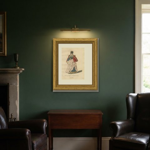 Lady of Quality in France with a Red Striped Cape, Jefferys Costume Plate, 1757, shown framed in a room