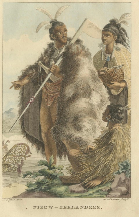 Maori Traditional Dress, Antique Hand-Colored Engraving, New Zealand, 1803, close-up 2