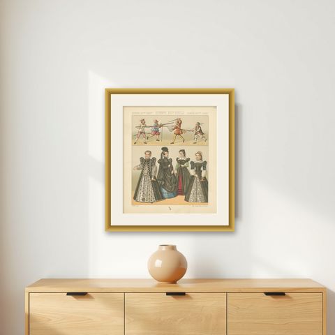 Pl. 66 Antique Print of European XVIth Century Costumes by Racinet 'circa 1880', shown framed on a wall