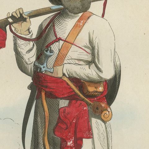 Antique Afghan Soldier Print, Hand-Colored Military Costume Lithograph, 1852, close-up 5