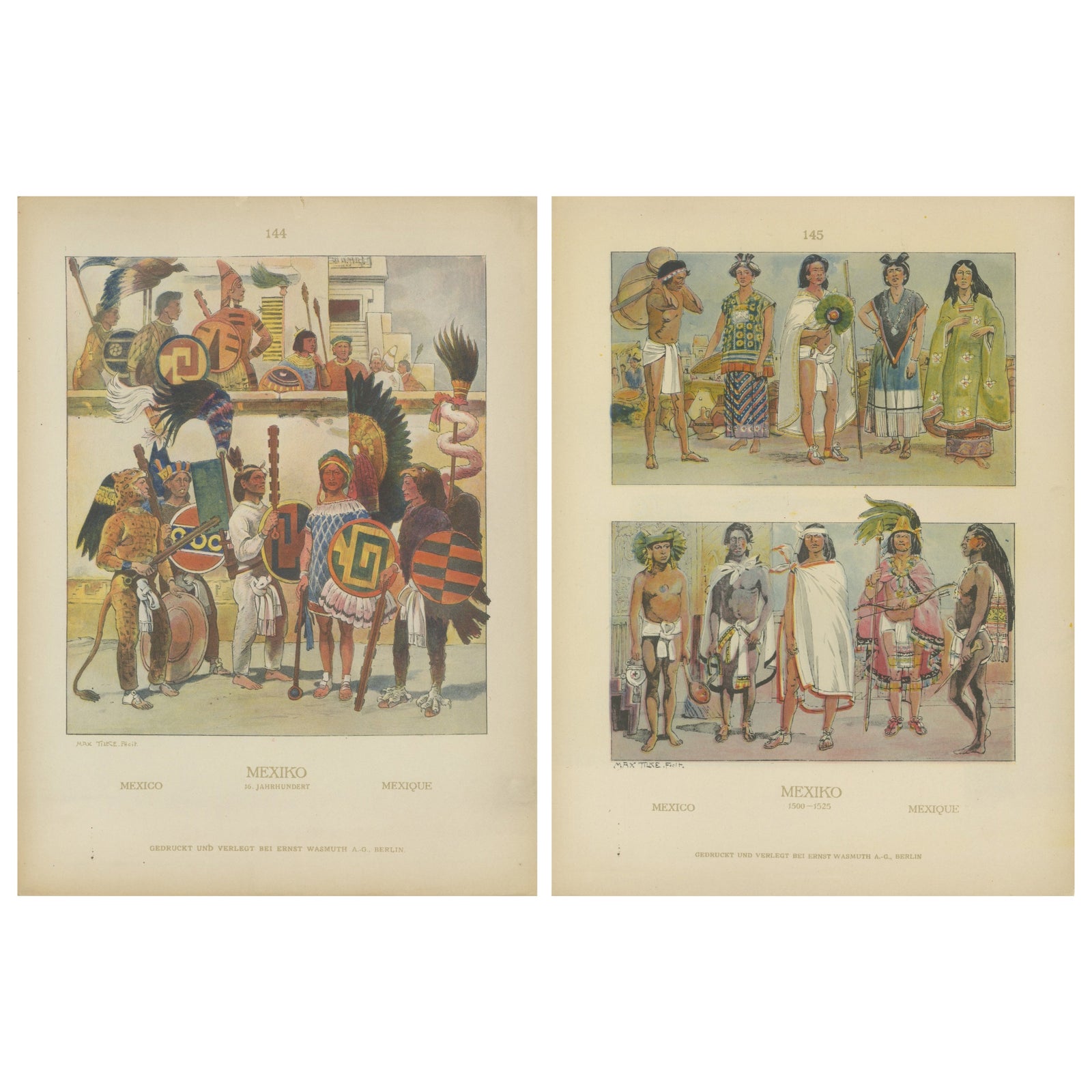 Aztec & Early Mexican Costumes, Set of 2 Antique Prints, 1500–1525, ca.1880