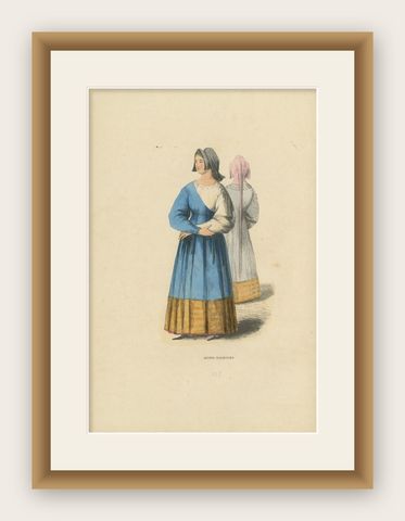 Antique Print of Italian Maidens in Traditional Attire, 1847, shown framed