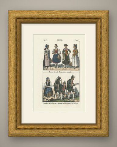 Bavarian Peasant Dress, a Spessart Woman and Mountain Hunters, 1842, shown framed