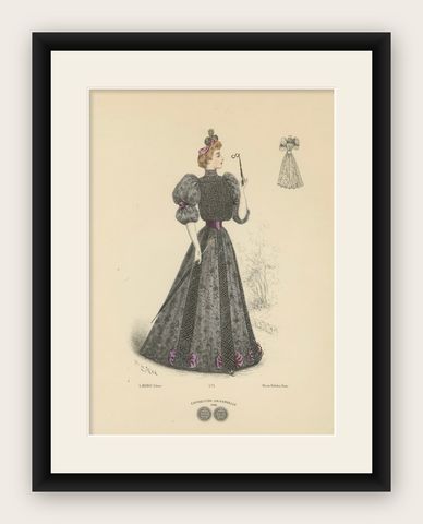 Victorian Grace: Fashion Lithograph by L. Michau and M. de Solar from 1889, shown framed