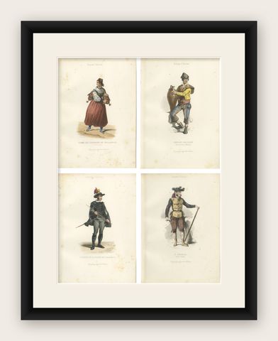 Set of Four Antique Spanish Costume Engravings, Castile & Madrid, circa 1850, shown framed