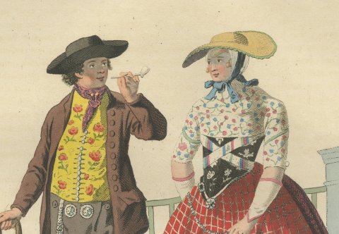 Well Pernelle, a Man with a Spade and a Young Woman, Dutch Costume Print, 1811, close-up 1