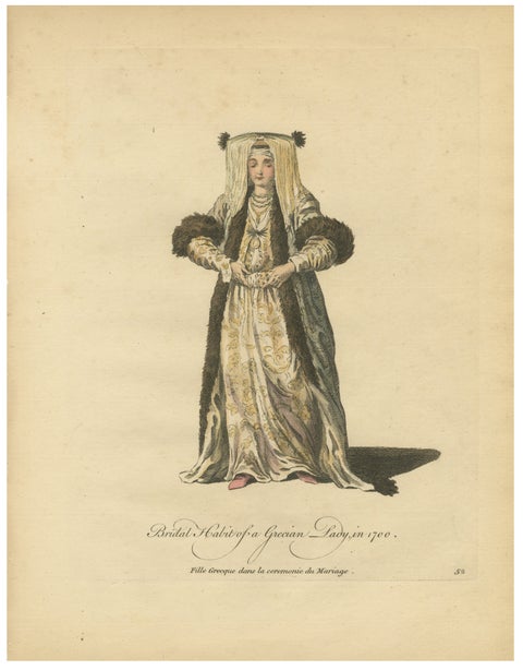 Antique Costume Print Grecian Lady Bridal Dress Jefferys, 1749