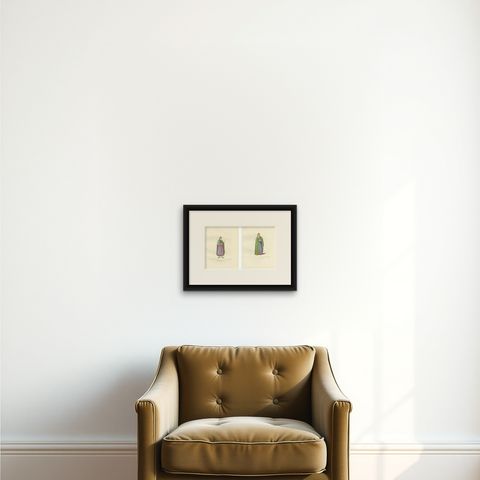 Antique Prints Set of 2, Venetian Nobleman and Noblewoman, 1860, shown framed on a wall