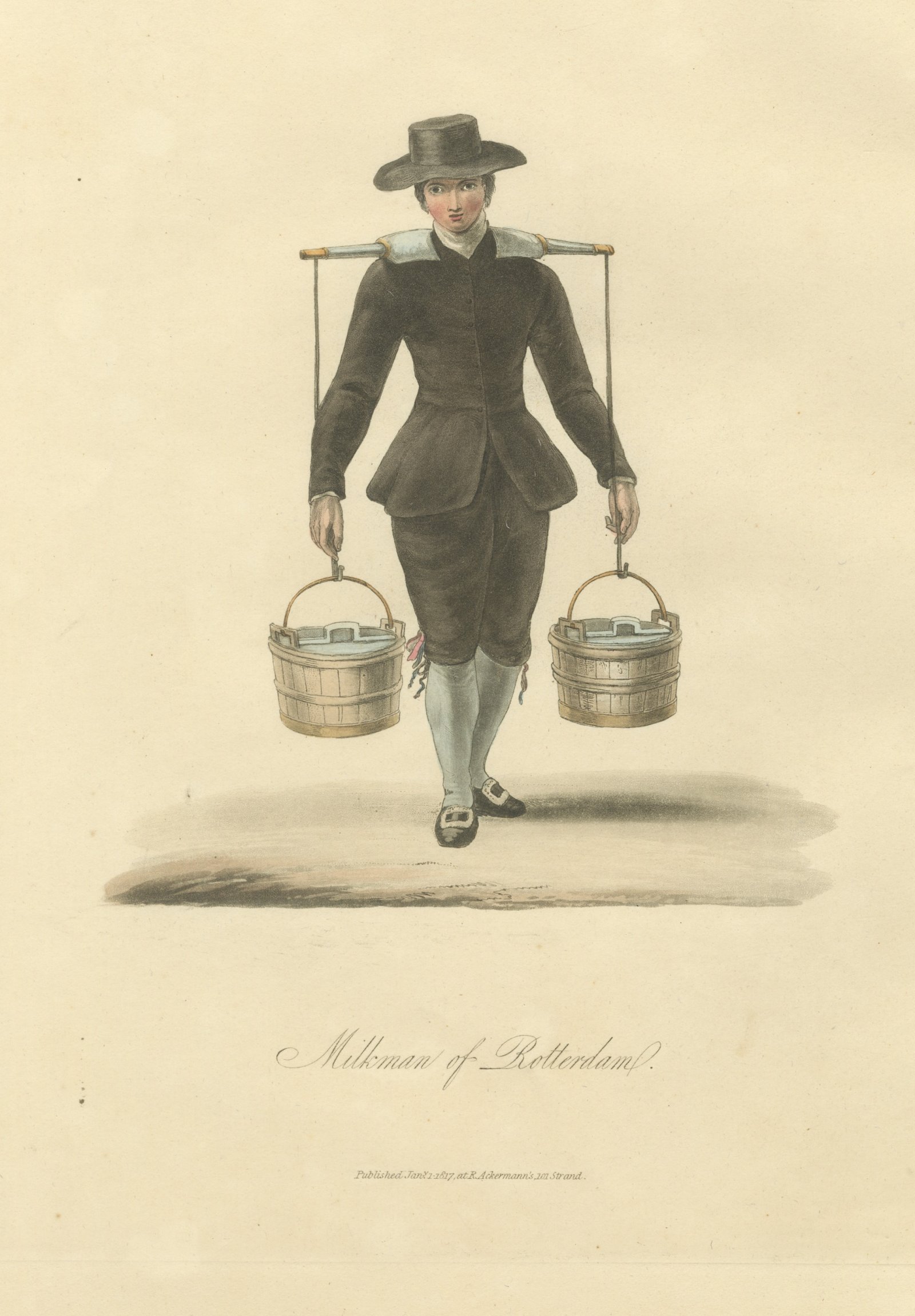 Milkman of Rotterdam with his Yoke, Antique Ackermann Print, 1817