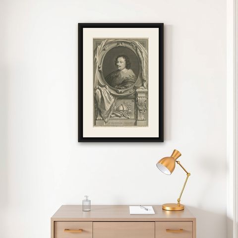 Antique Portrait of Sir Kenelm Digby, English Courtier and Diplomat, shown framed on a wall
