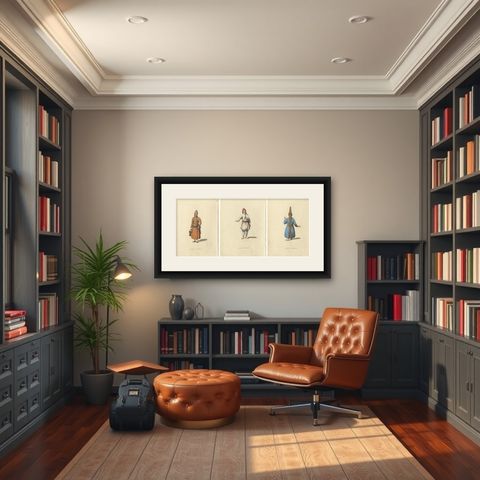 A Visual Journey through 19th-Century Russian Ethnic Attire, Engraved in 1814, shown framed in a room