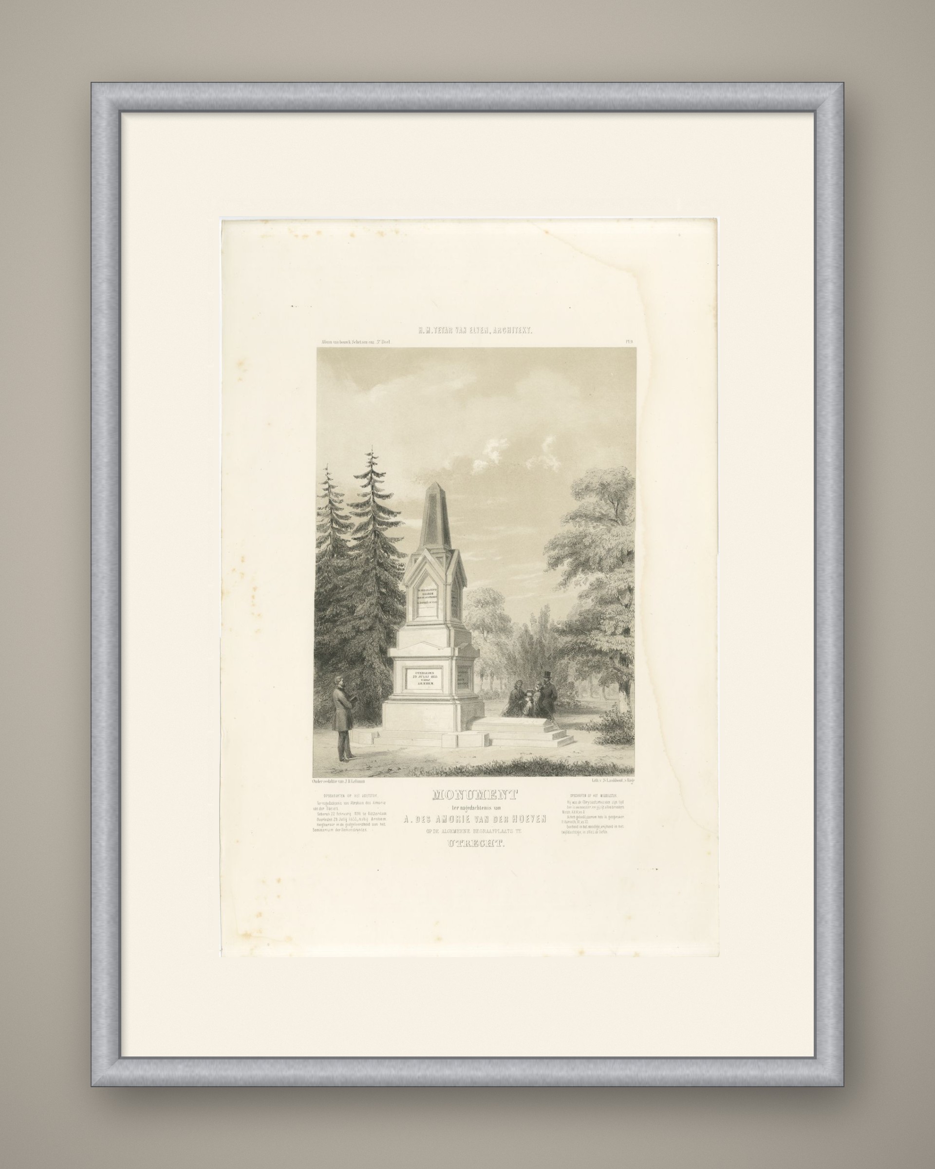 Van der Hoeven Monument, Utrecht, Dutch Architecture Print, Leliman, 1865-1866, shown framed