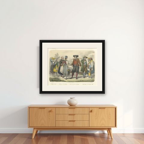 German Regional Costumes, Bavarian and Saxon Figures, c.1845, shown framed on a wall
