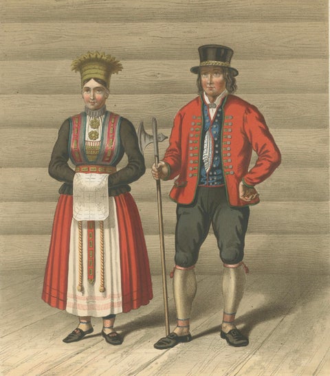 Norwegian Bride and Groom in Hardanger Dress, Antique Print, 1860s, close-up 5